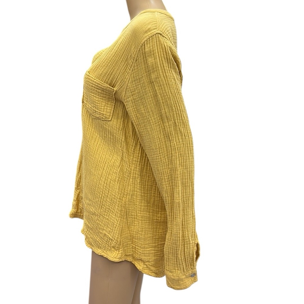 Mote Cotton Mustard Yellow Gauze Split V Neck Double Pocket Long Sleeve Top Sz L - Picture 4 of 11